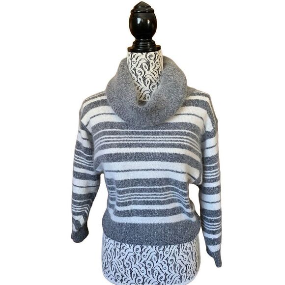 I.B. Diffusion Vintage Angora Blend Striped Cowl Neck Sweater Gray, White Size - Picture 3 of 12